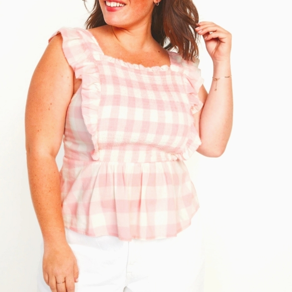 Old Navy Tops - Old Navy Sleeveless Ruffle Trim Smock Gingham Blouse NWT Pink Pastel Plus Sz 2X